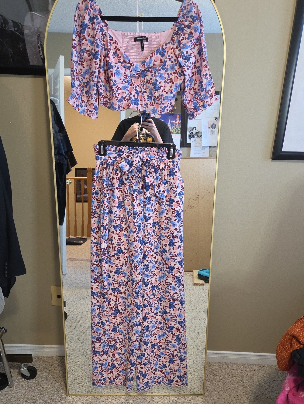 2 Pc Pink Floral Cropped Top & Wide Leg Pants with Tie Waist